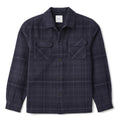 A dark navy plaid button-up shirt jacket with two chest flap pockets, displayed flat against a white background.