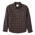 A long-sleeve button-up flannel shirt with a dark brown and black plaid pattern, featuring two chest pockets, shown on a light gray background.