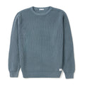 A ribbed knit crewneck sweater in a muted slate blue color, displayed flat against a clean white background.