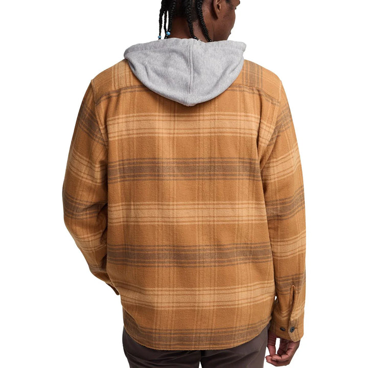 Brown plaid hoodie with gray hood worn by a person on a white background
