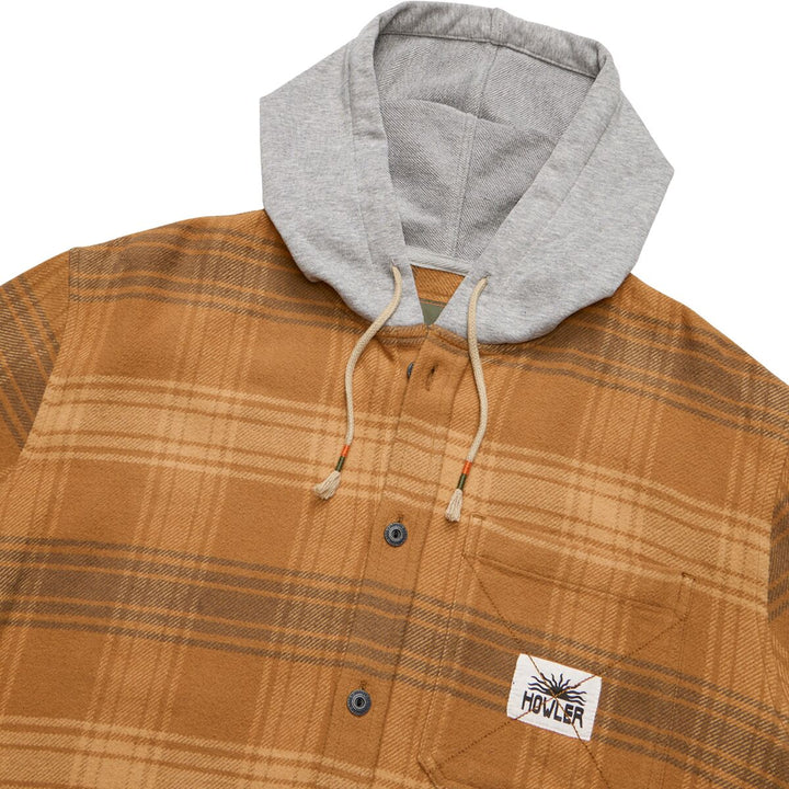 Brown plaid jacket with gray hood and visible brand logo on a white background