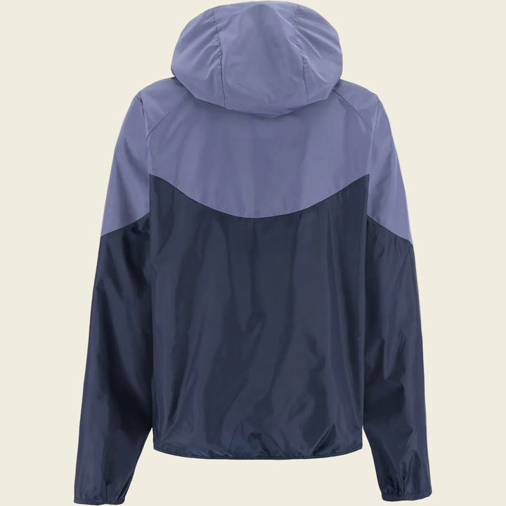Two-tone jacket with purple hood and navy body on a white background