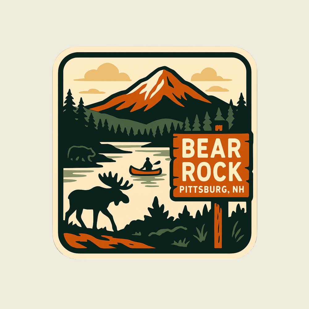 Illustration of a mountain landscape with a sign for Bear Rock, Pittsburg, NH.