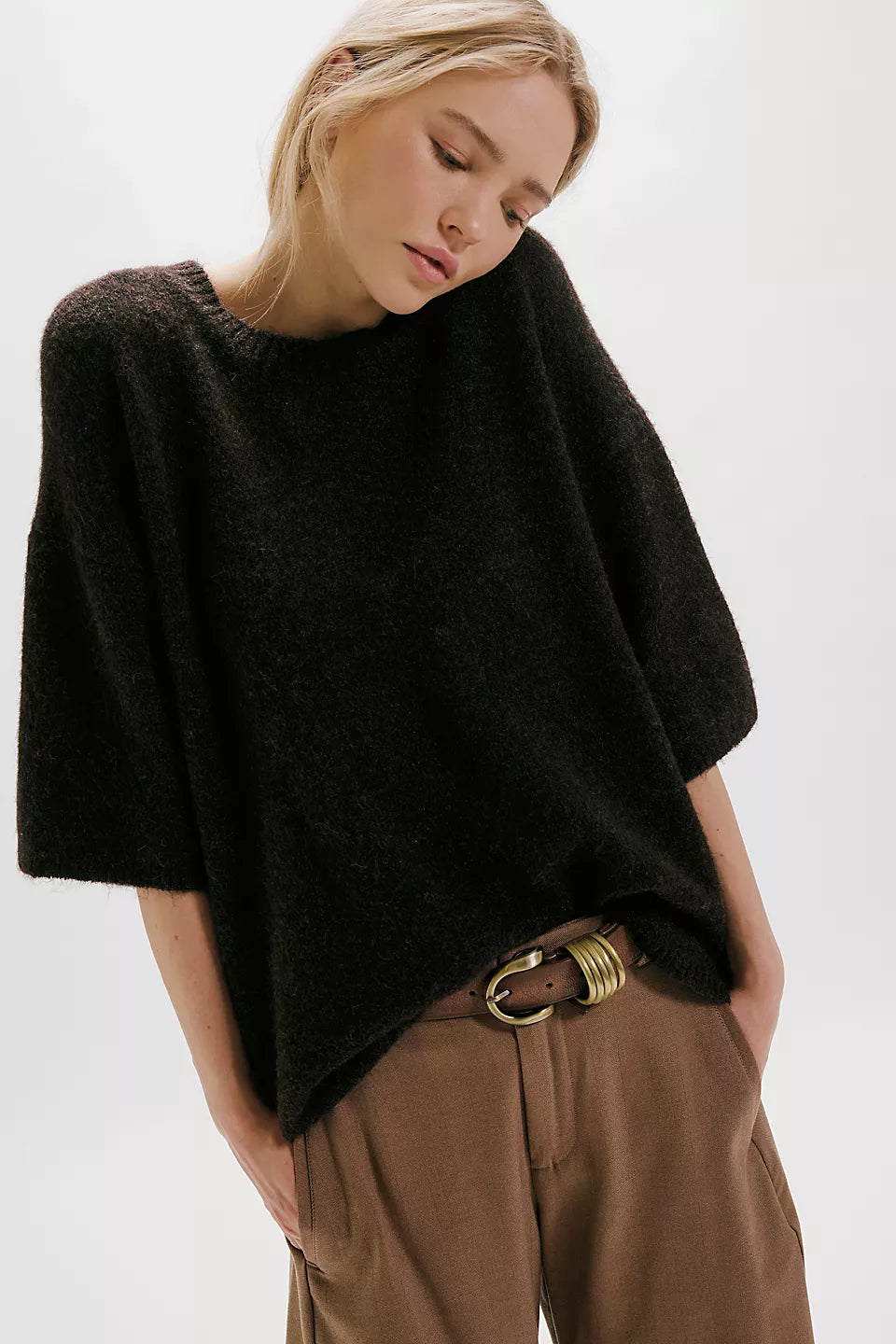 Free People Margot SoftSpun Sweater Tee in Black -front view of shirt on model 