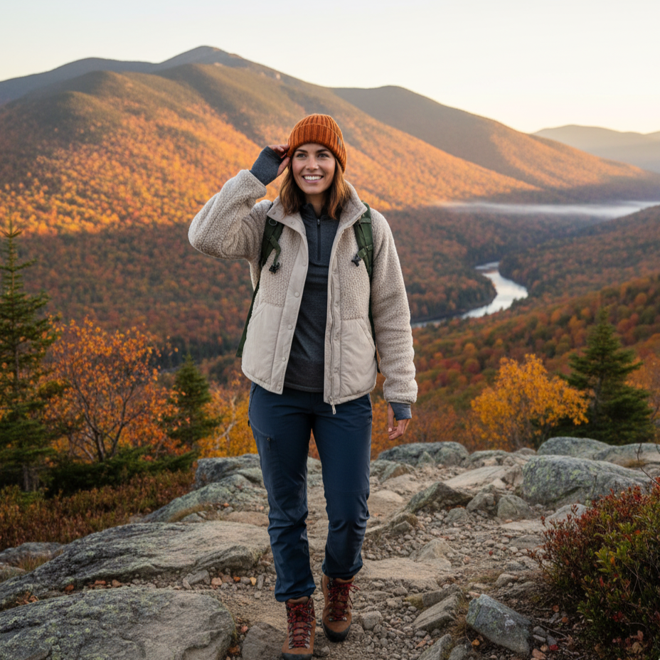 Person standing on a rocky outcrop with autumn foliage and mountains in the background, wearing a prAna Encinitas Fleece Jacket