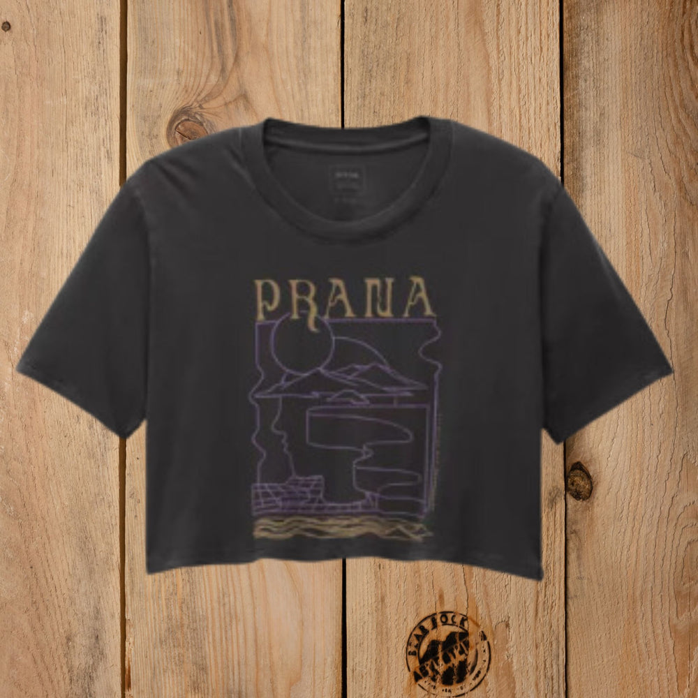 Prana W's Everyday VW Graphic Crop Tee | Charcoal Mindscape Model