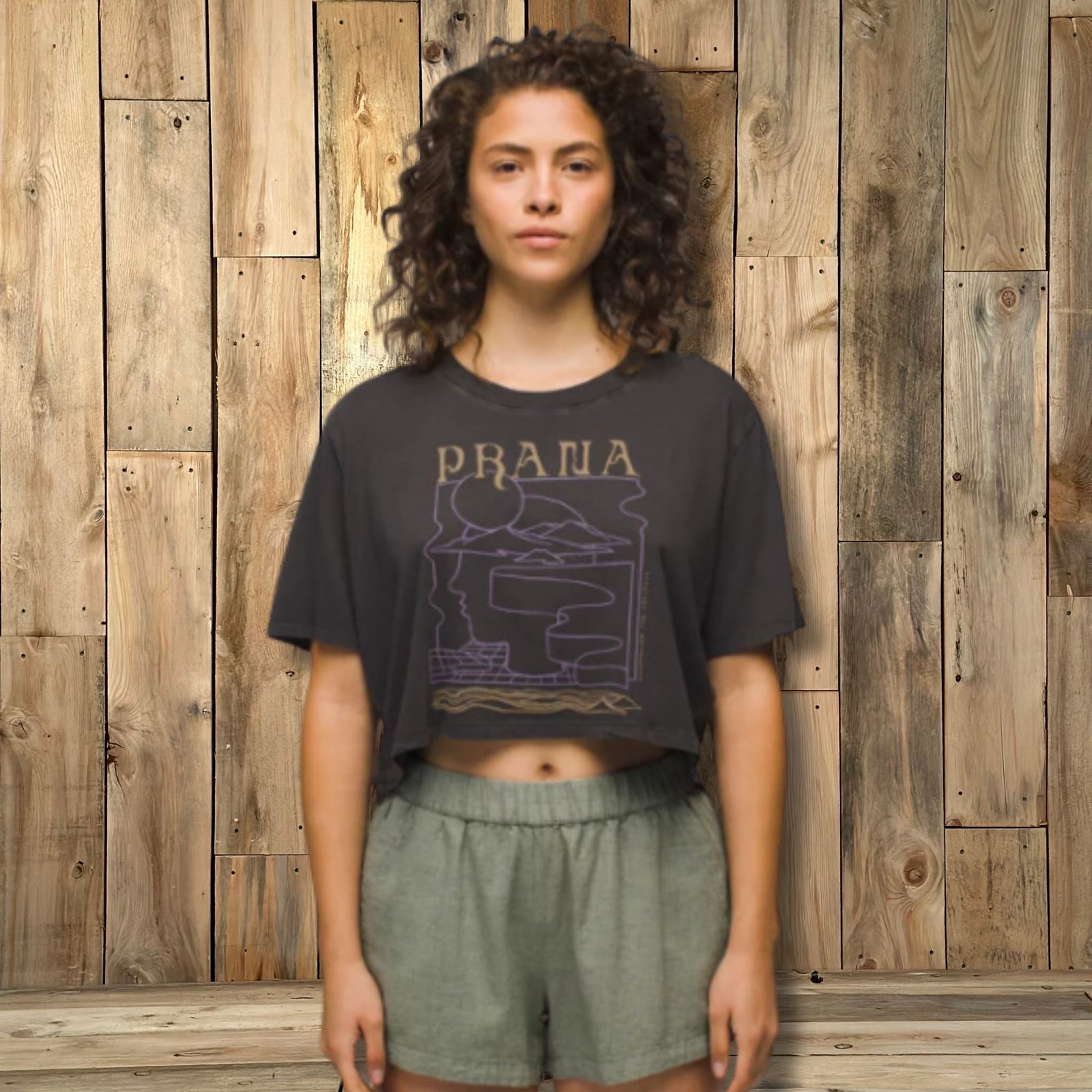 Prana W's Everyday VW Graphic Crop Tee | Charcoal Mindscape Model