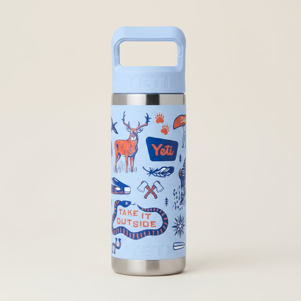 Yeti bottle with nature-themed design and 'Take it Outside' text on a light blue background