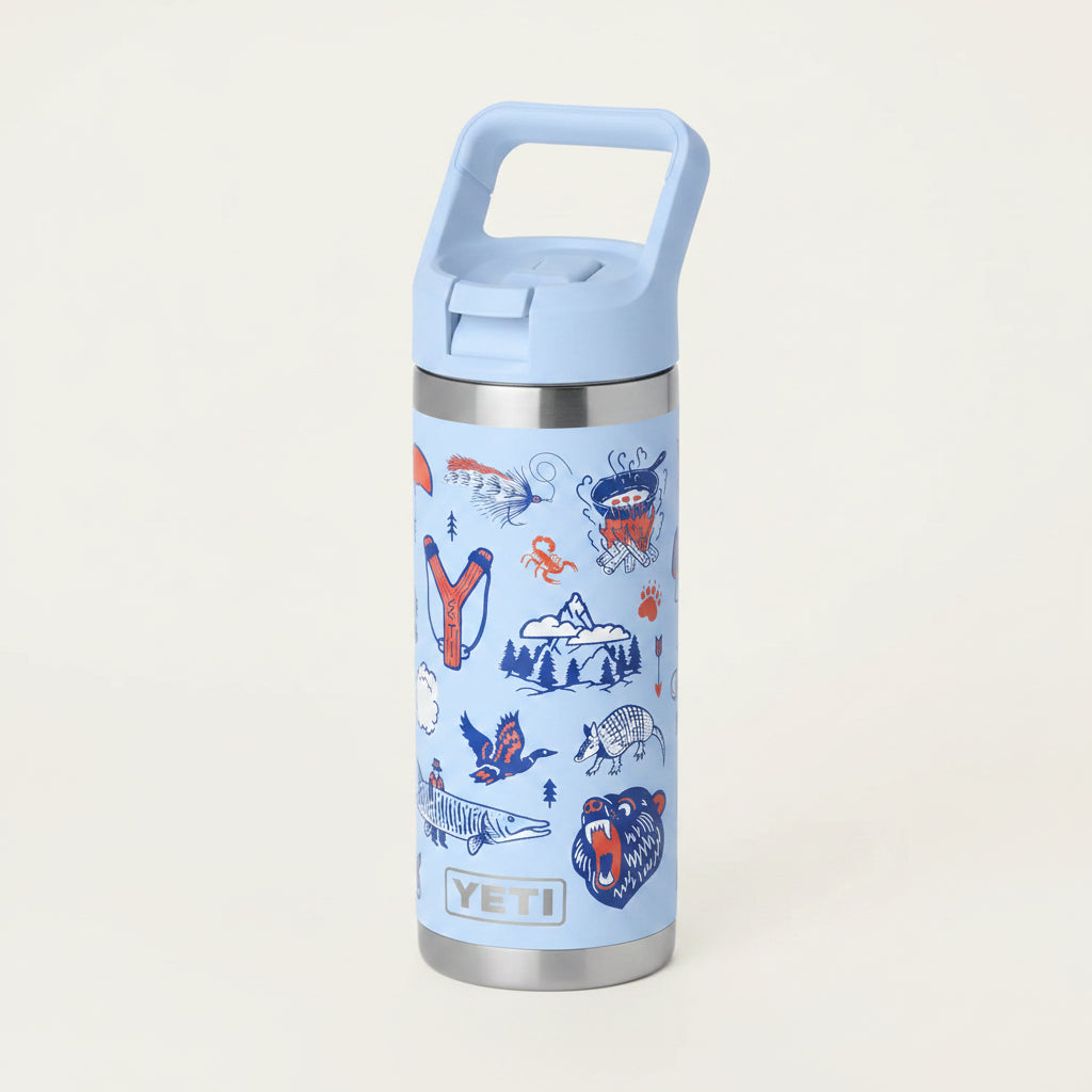 YETI water bottle with blue lid and nature-themed design on a light blue background