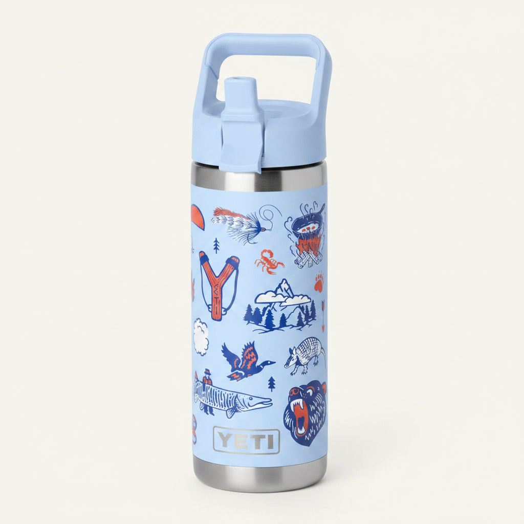 YETI water bottle with colorful animal illustrations on a light blue background