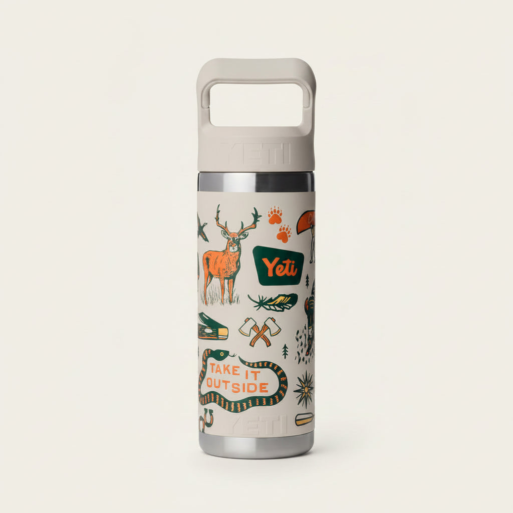 Yeti bottle with nature-themed design and 'Take it Outside' text on a beige background