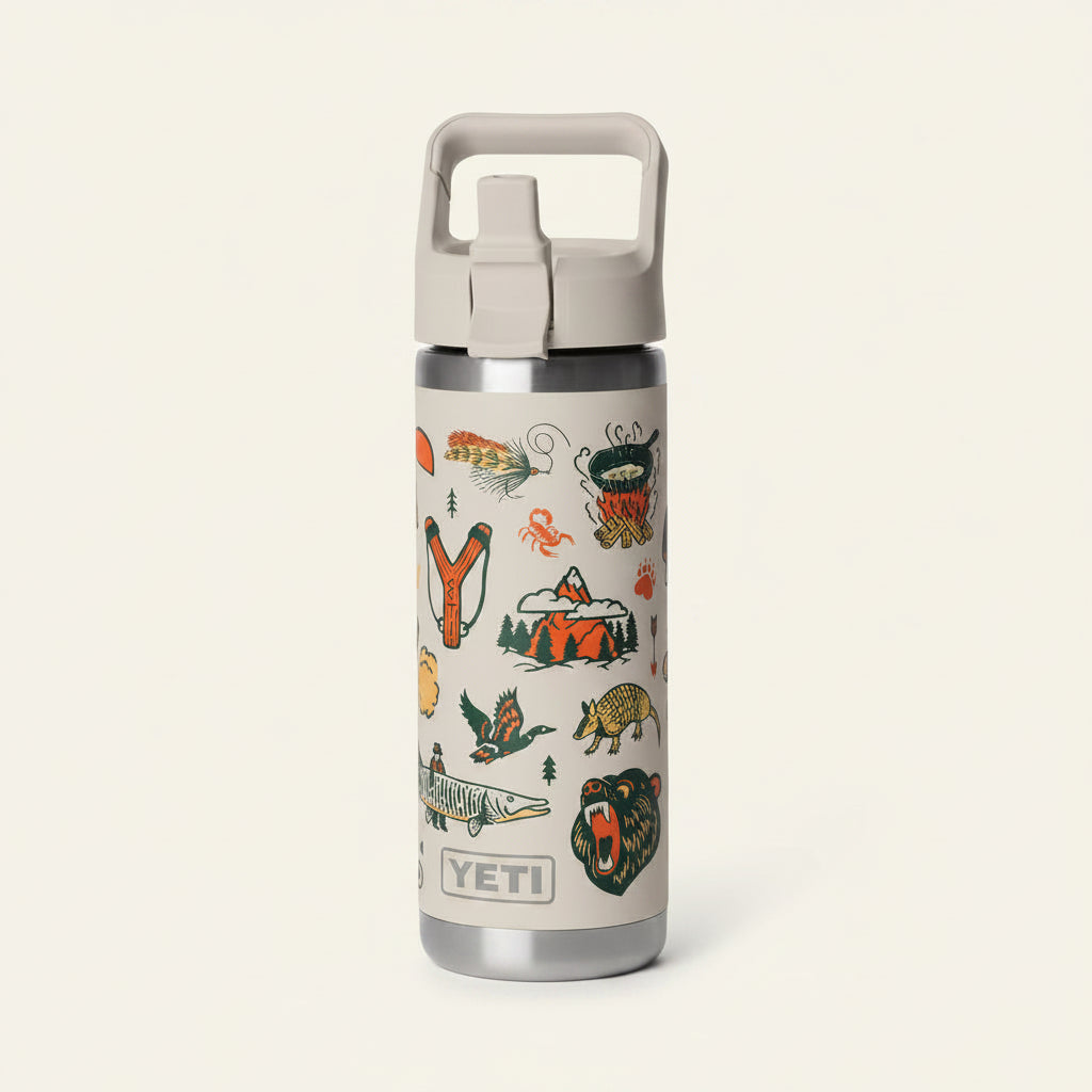 YETI water bottle with nature-themed design and beige lid