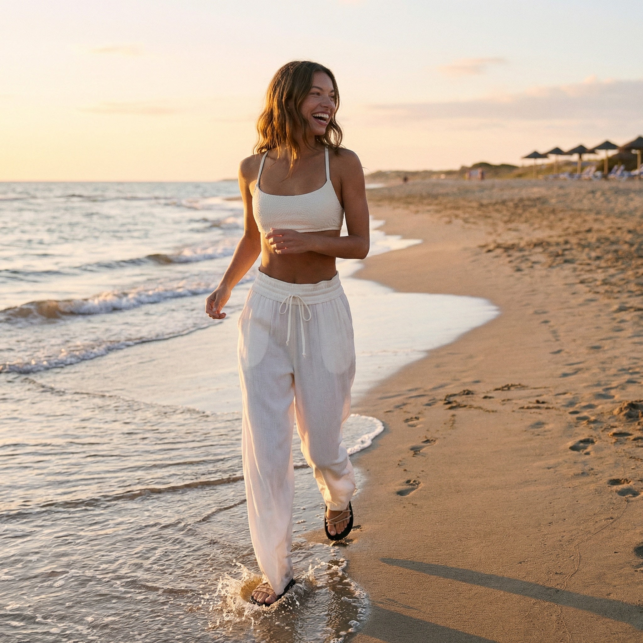 Woman in white outfit walking on a beach at sunset