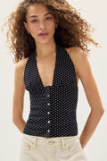Ramona Printed Halter Top in Black Combo black halter tank top with white poka-dots