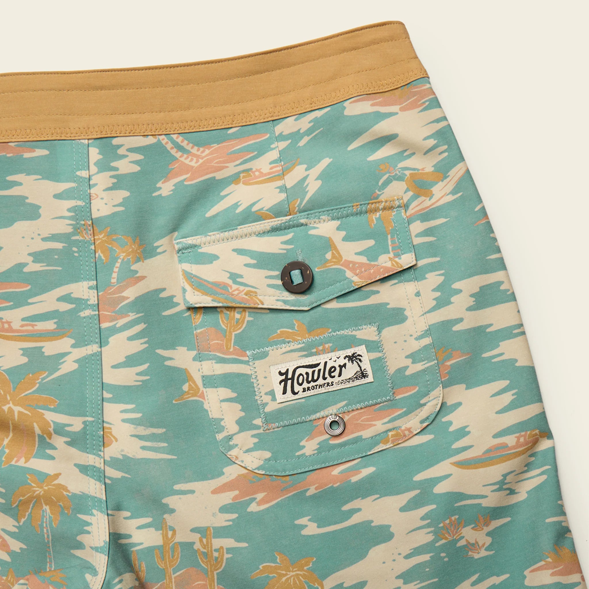 Patterned shorts with a visible brand logo on a white background