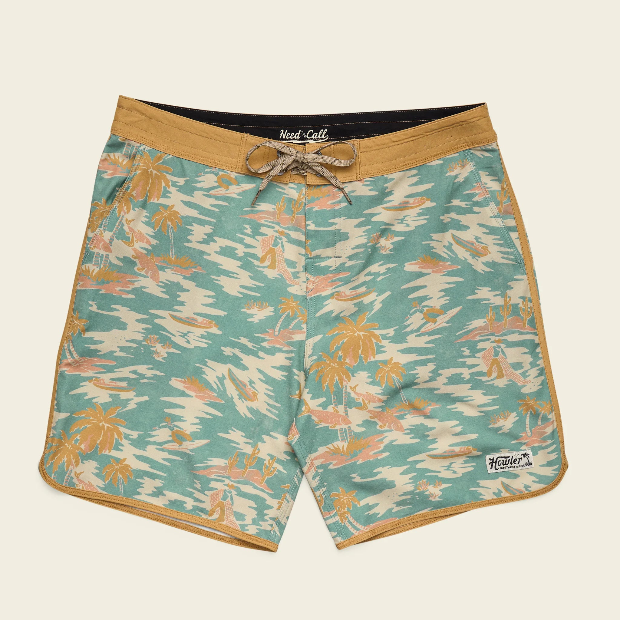 Floral patterned shorts with a brown waistband on a beige background