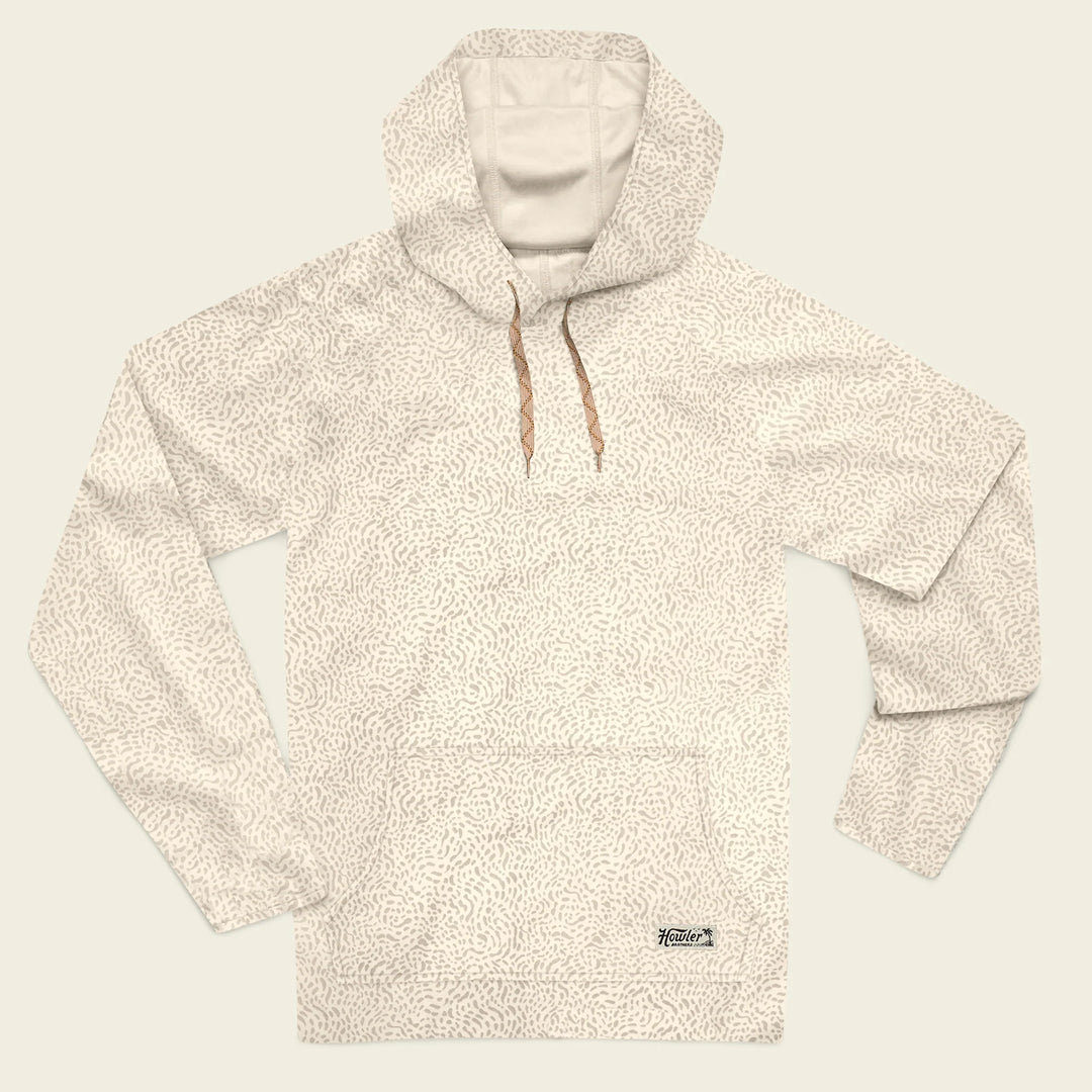 Beige fleece pullover with a pattern on a beige background