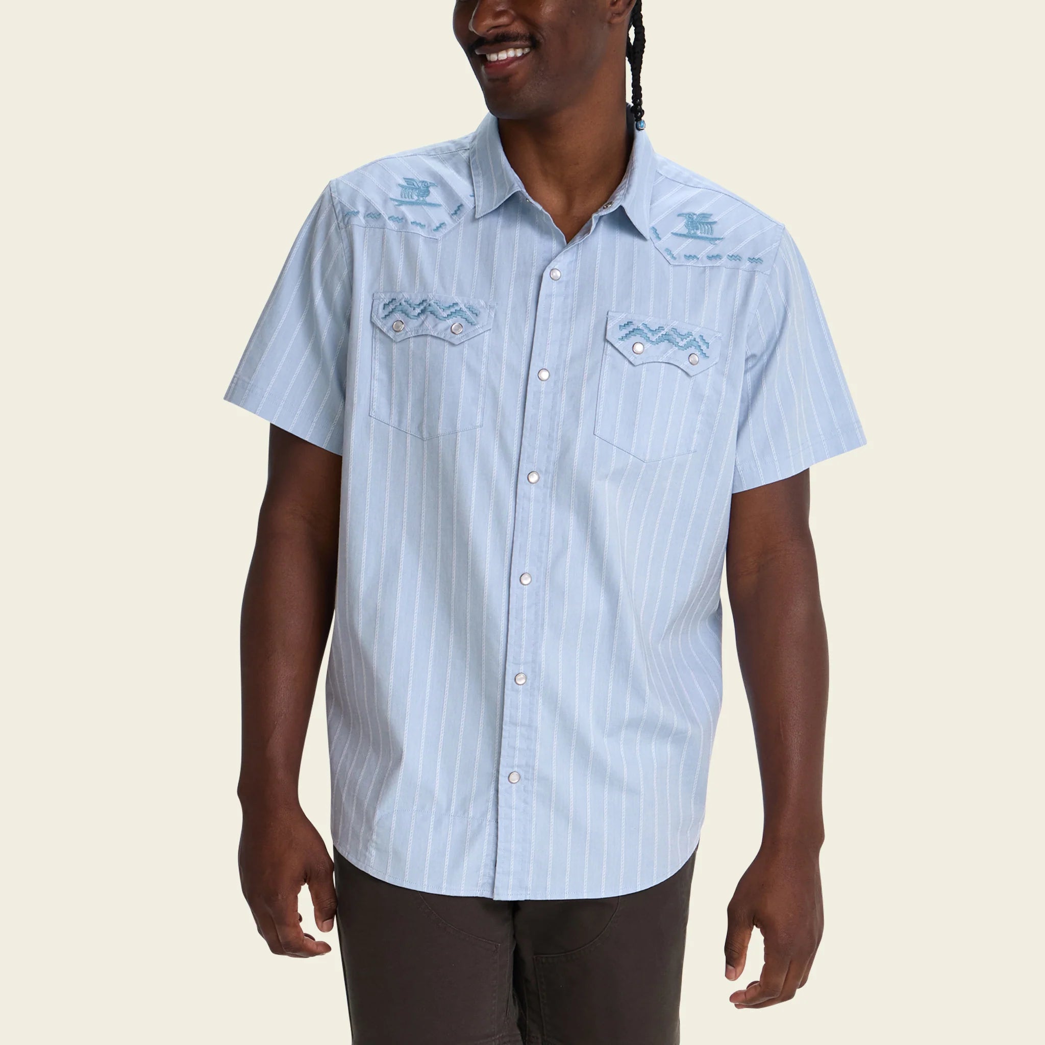 Person wearing a light blue striped shirt with embroidered designs on a beige background
