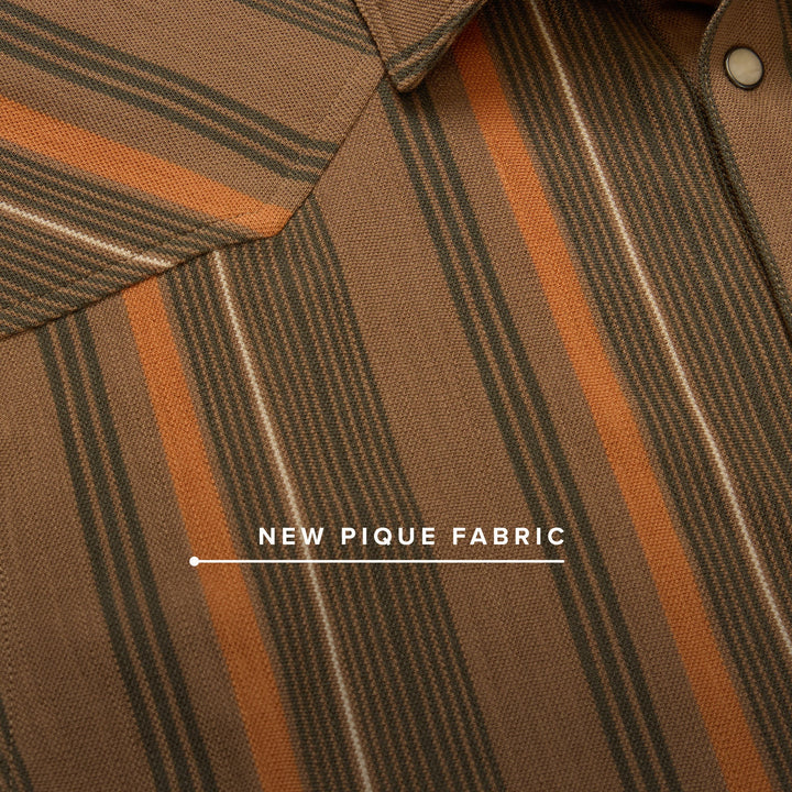 Close-up of a brown and orange striped fabric with 'New Pique Fabric' text.
