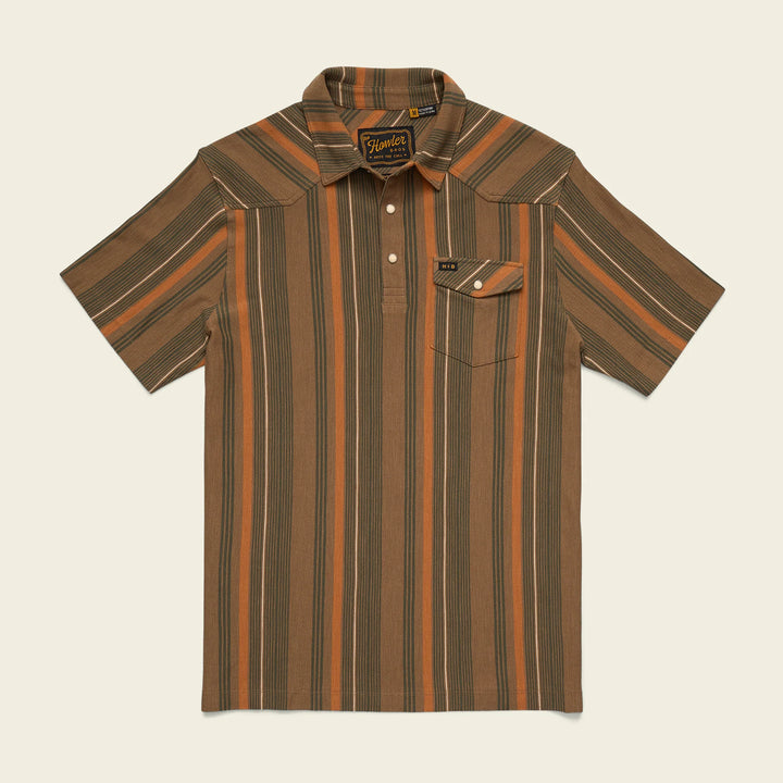 Striped shirt with a brand label on a beige background