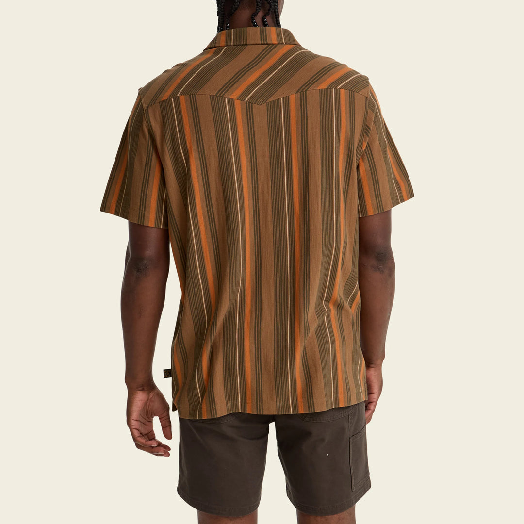 Person wearing a brown and orange striped shirt on a beige background