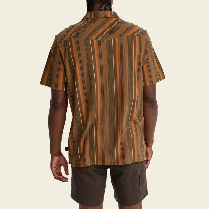Person wearing a brown and orange striped shirt on a beige background