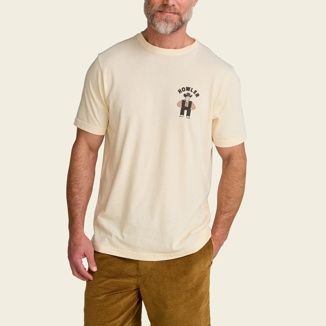 Man wearing a beige t-shirt with a logo on a white background