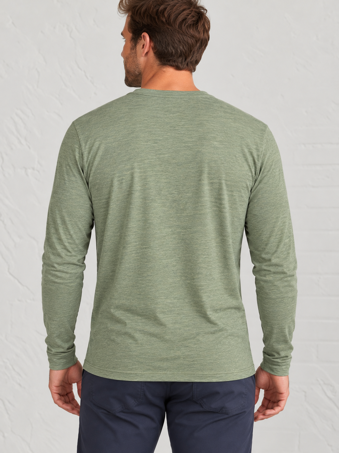 Man wearing Everywear LS Henley |  Kelp Heather