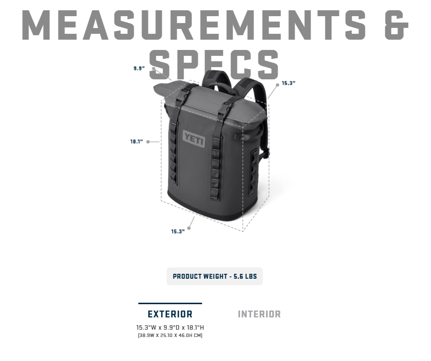 Yeti Hopper M20 Soft Backpack Cooler -  Measurements and Specs