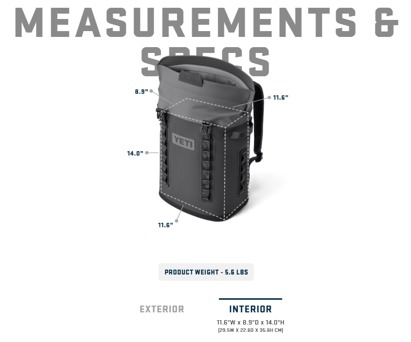 Yeti Hopper M20 Soft Backpack Cooler -  Measurements and Specs