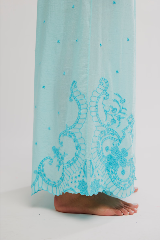 Free People Wishful Thinking Pant in Waterspout, view of embroidery at bottom of pant leg