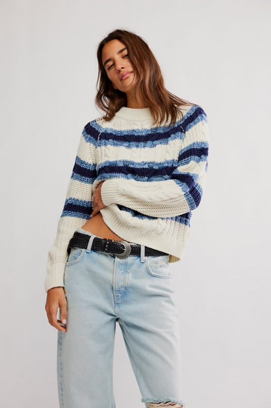 Frankie Cable Striped Knit Sweater in Ivory Combo