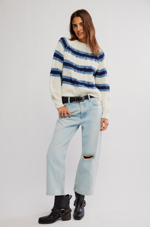 Frankie Cable Striped Knit Sweater in Ivory Combo