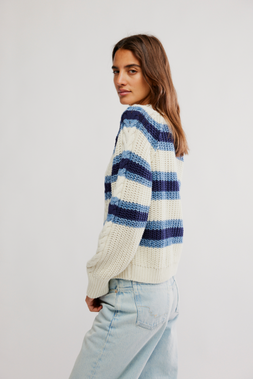 Frankie Cable Striped Knit Sweater in Ivory Combo