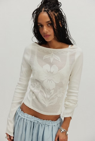 Delilah Long Sleeve Top in Clean Ivory- front view on model 