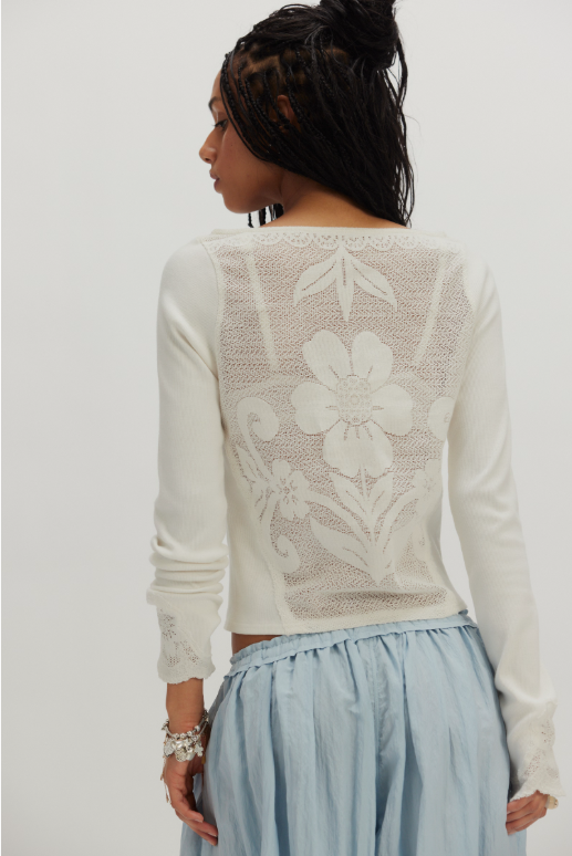 Delilah Long Sleeve Top in Clean Ivory- back view on model 