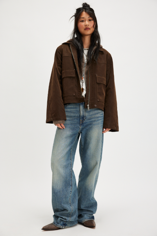 Blair Vegan Suede Sierra Jacket in Chocolate Torte on model wearing jeans and white T-shirt