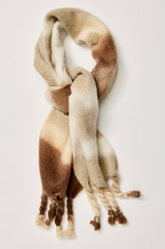 tied brown and beige scarf on white background.