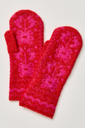 A pair of fuzzy knit winter mittens in a vibrant red and hot pink floral pattern, displayed on a light gray background.