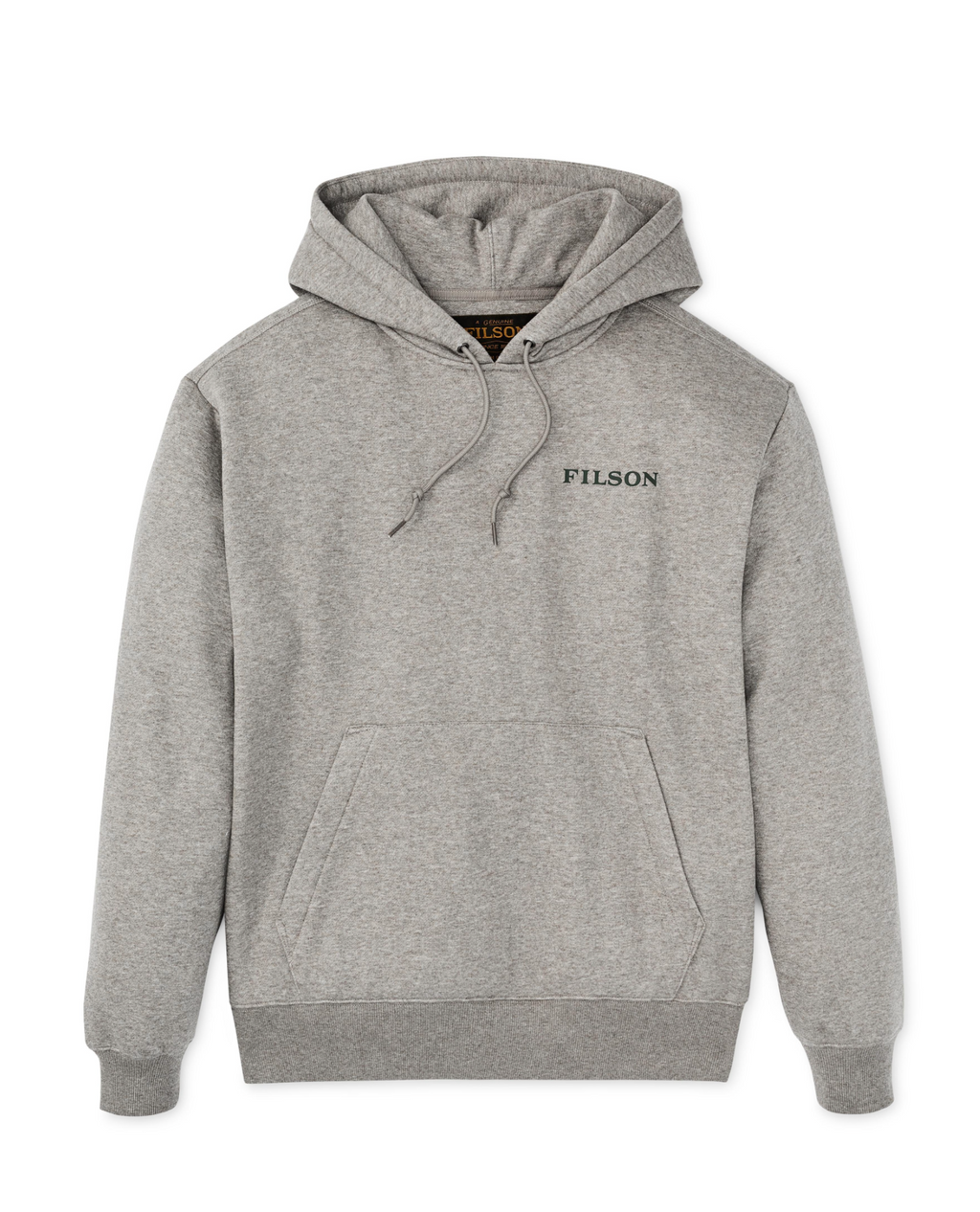 A light heather gray pullover hoodie with a drawstring hood, kangaroo pocket, and 'FILSON' embroidered in black on the left chest, shown against a plain white background.