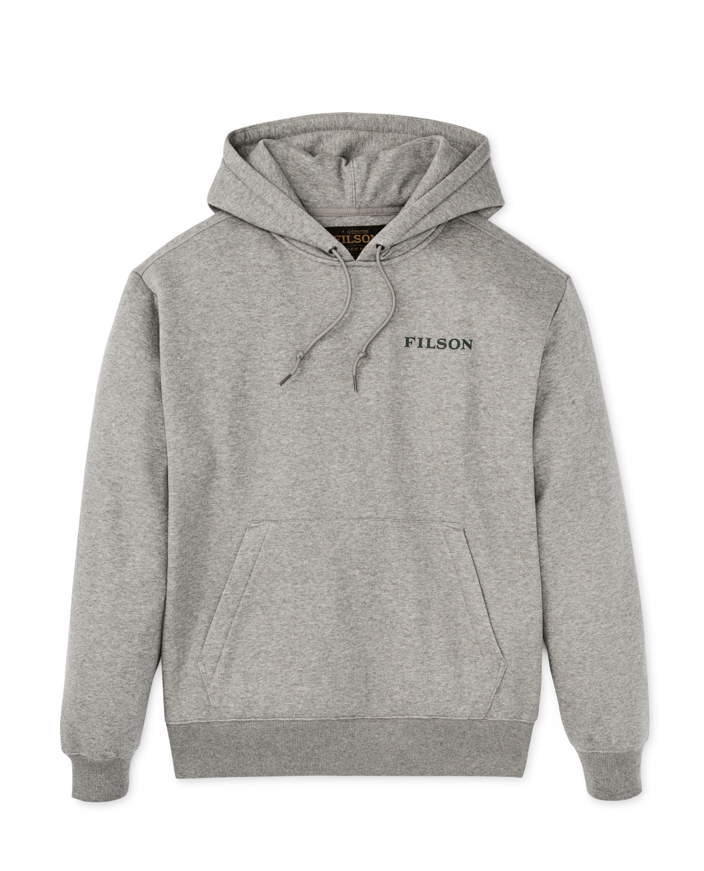 A light heather gray pullover hoodie with a drawstring hood, kangaroo pocket, and 'FILSON' embroidered in black on the left chest, shown against a plain white background.