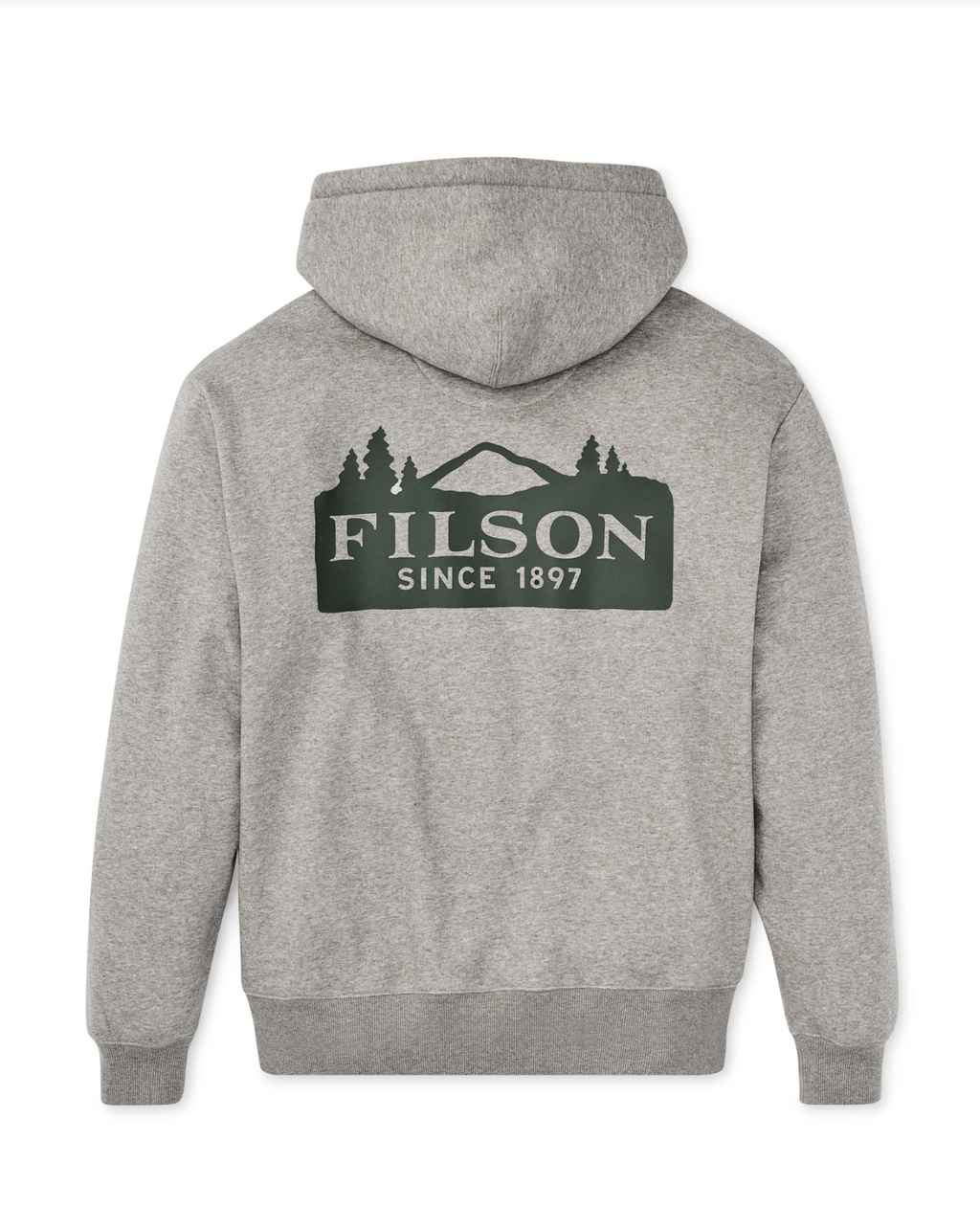 Gray hoodie shot in a studio laid flat showing the back