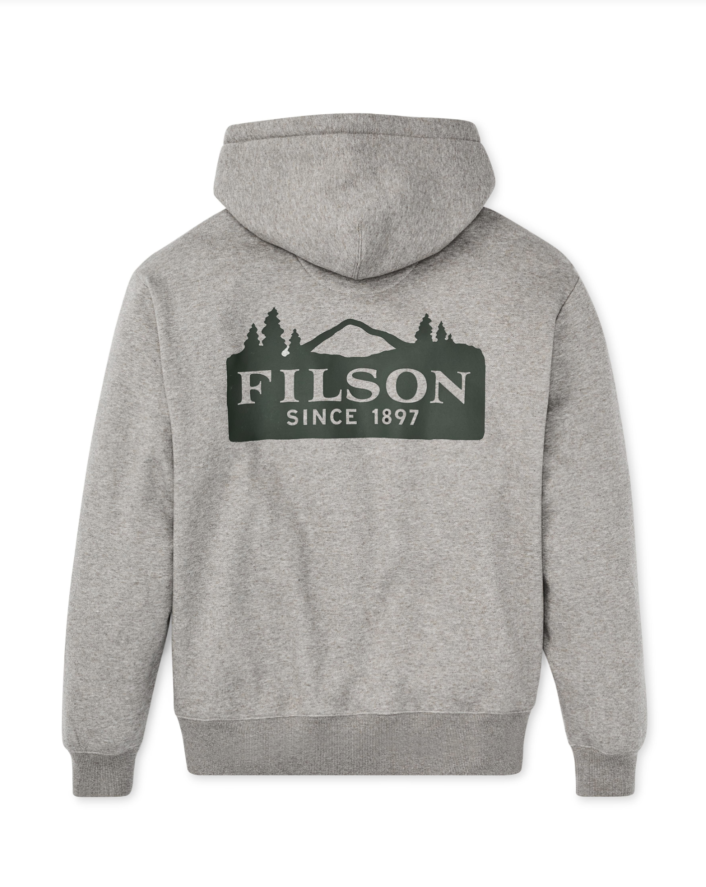 Gray hoodie shot in a studio laid flat showing the back