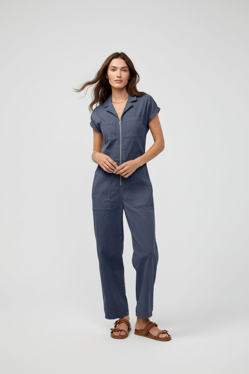 Woman wearing a blue boiler suit 