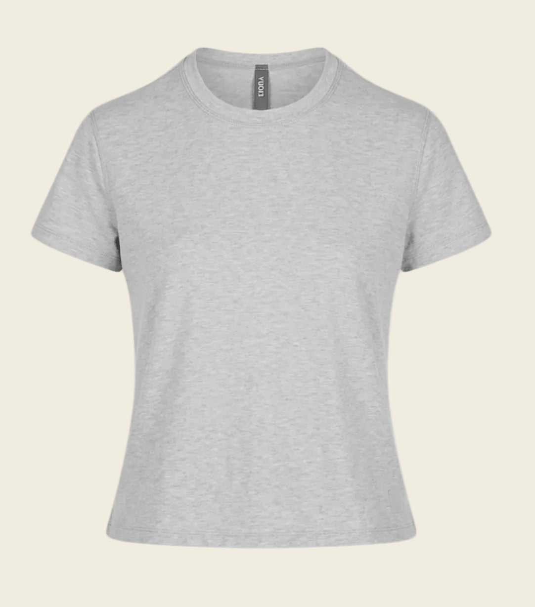 A light gray heather short-sleeve crewneck t-shirt with a cropped, slightly flared silhouette, shown against a plain white background.