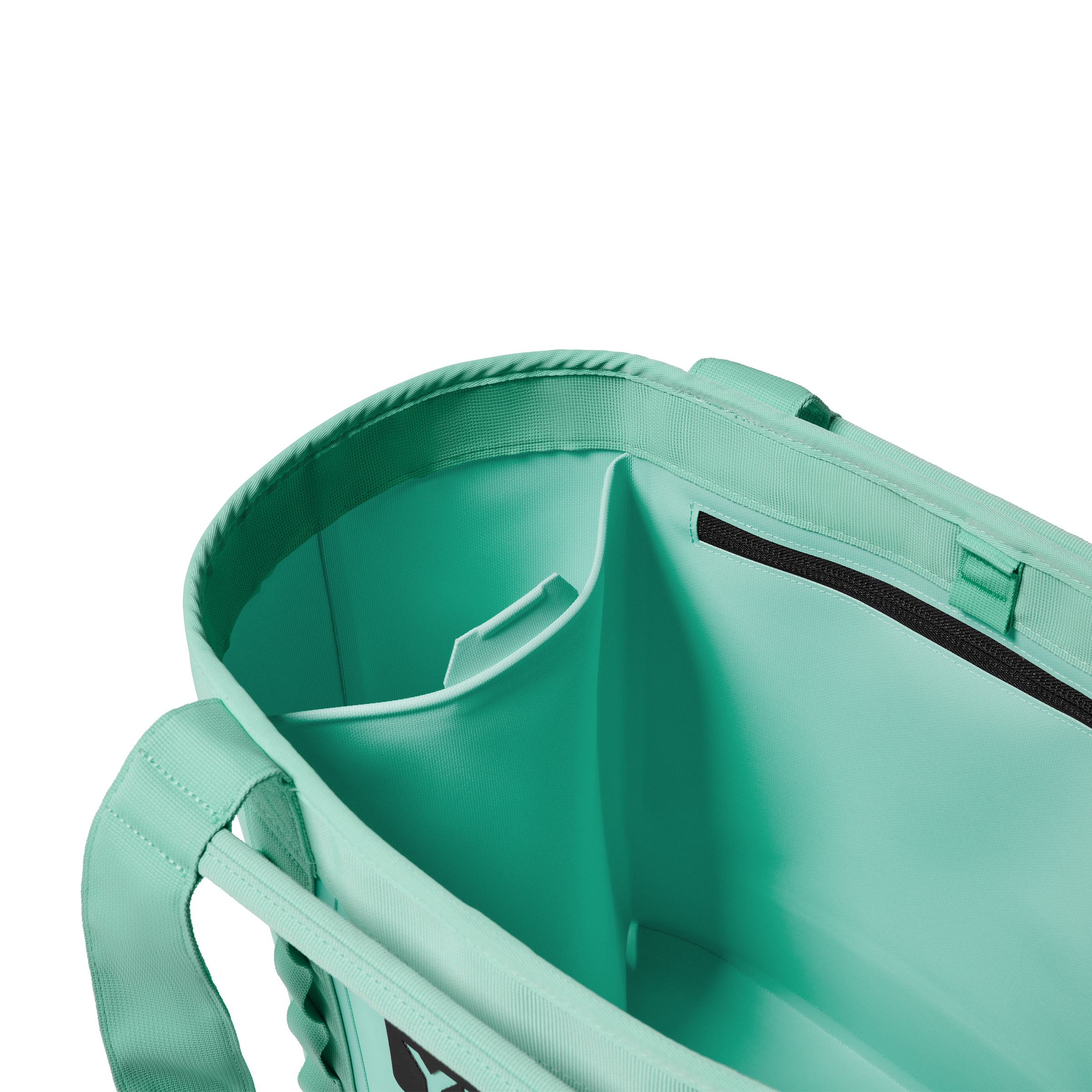 Close-up of a teal bag with a handle on a white background