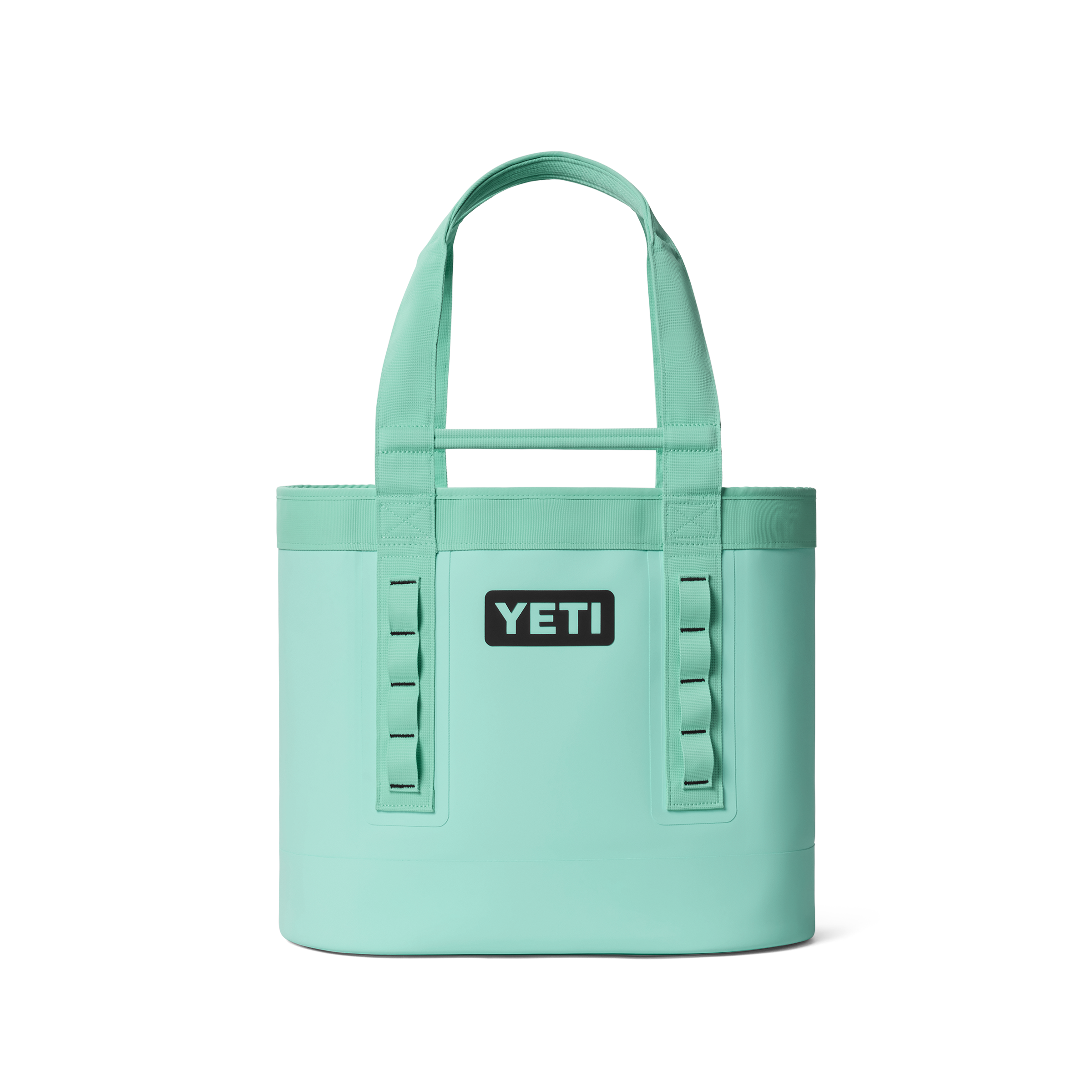 Mint green tote bag with YETI logo on a white background