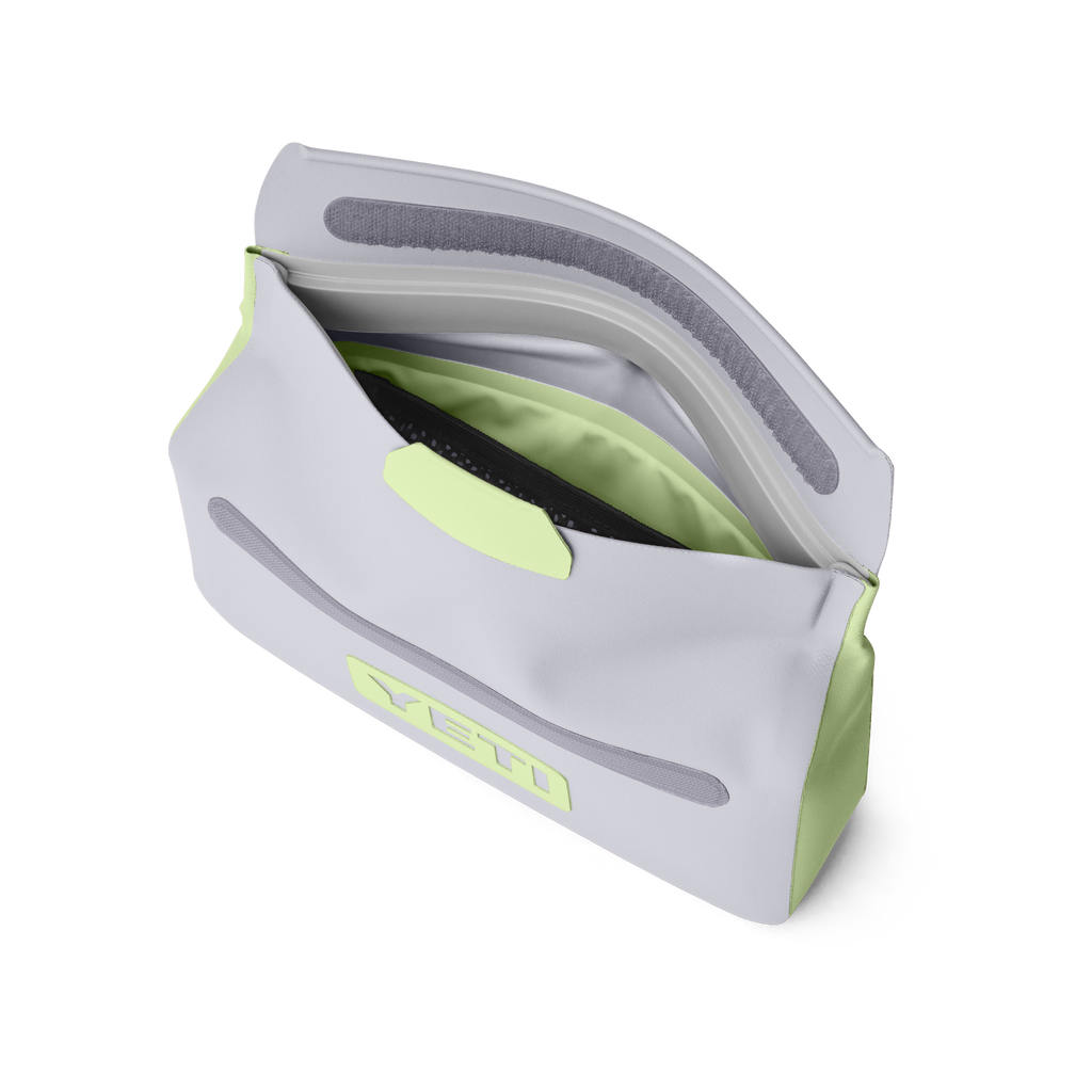 Light purple and green pouch with zipper on a white background