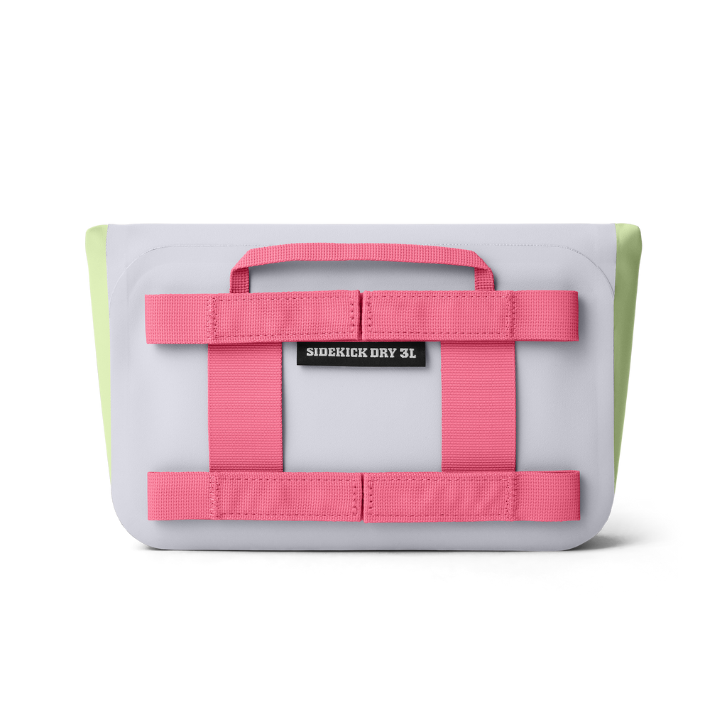 Small rectangular bag with pink straps and a visible brand label on a white background