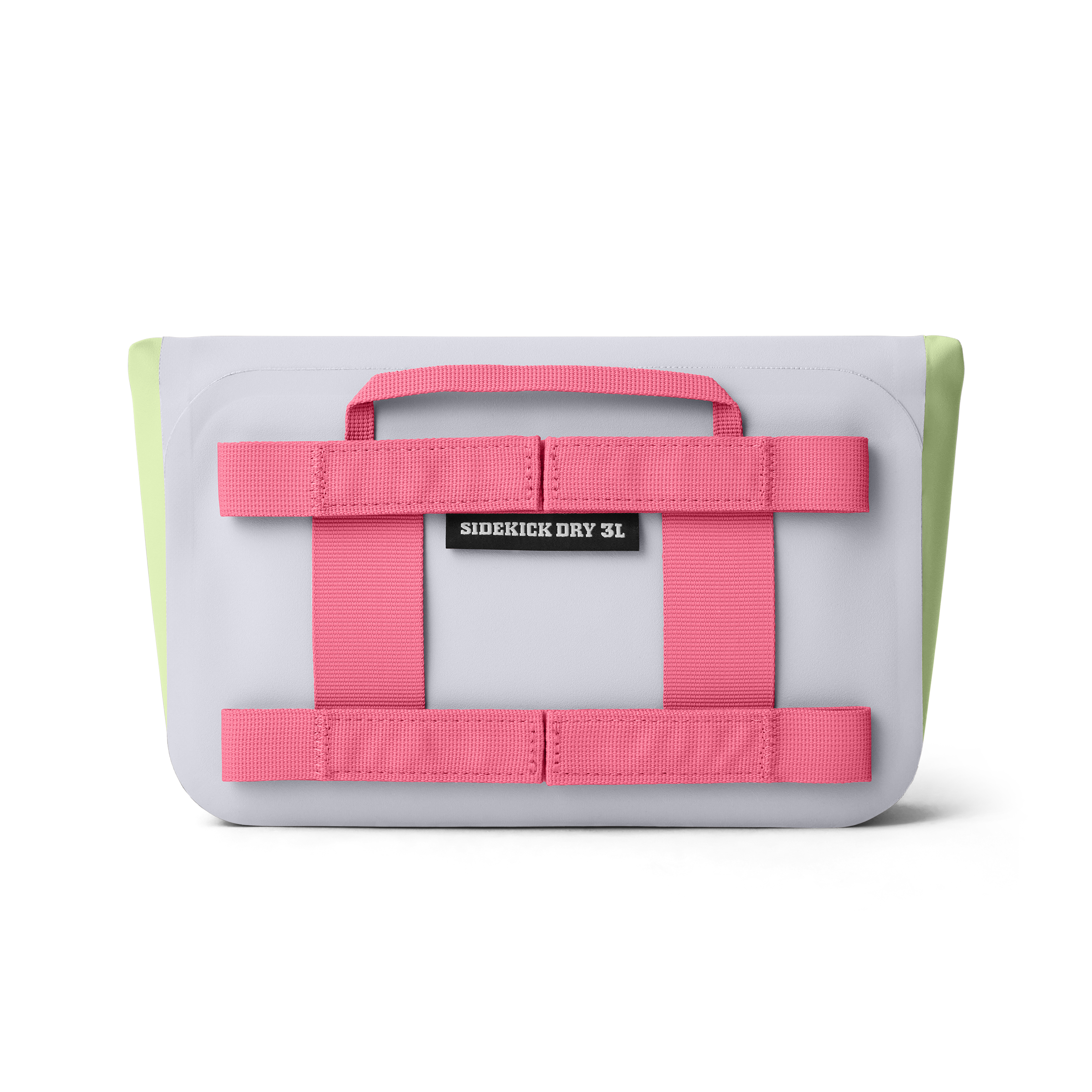 Small rectangular bag with pink straps and a visible brand label on a white background